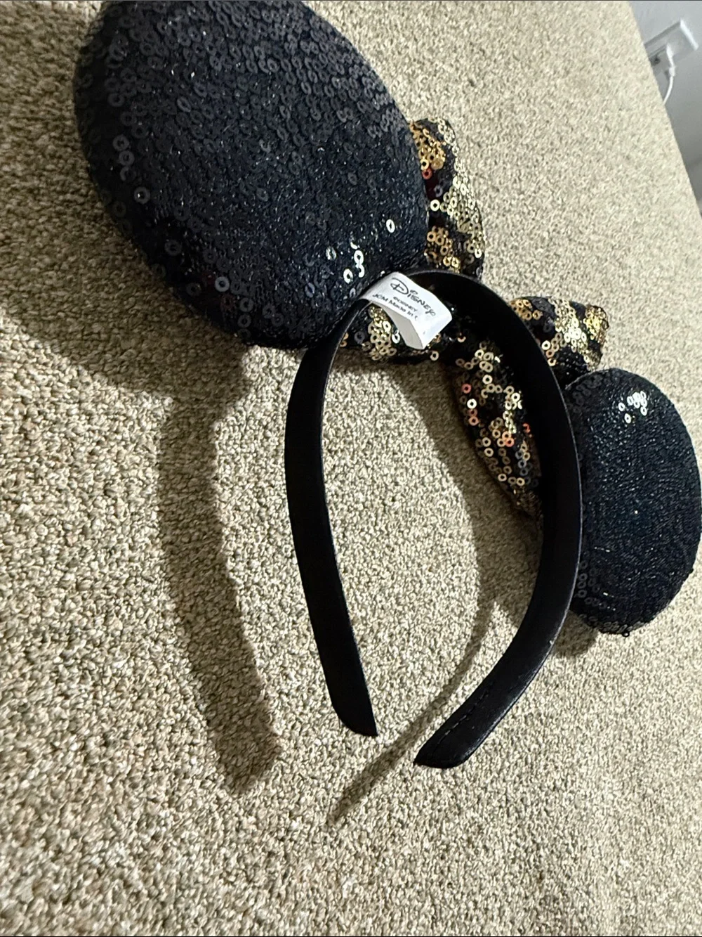 Disney Black Sequin Minnie Ears Headband with Gold Leopard Bow